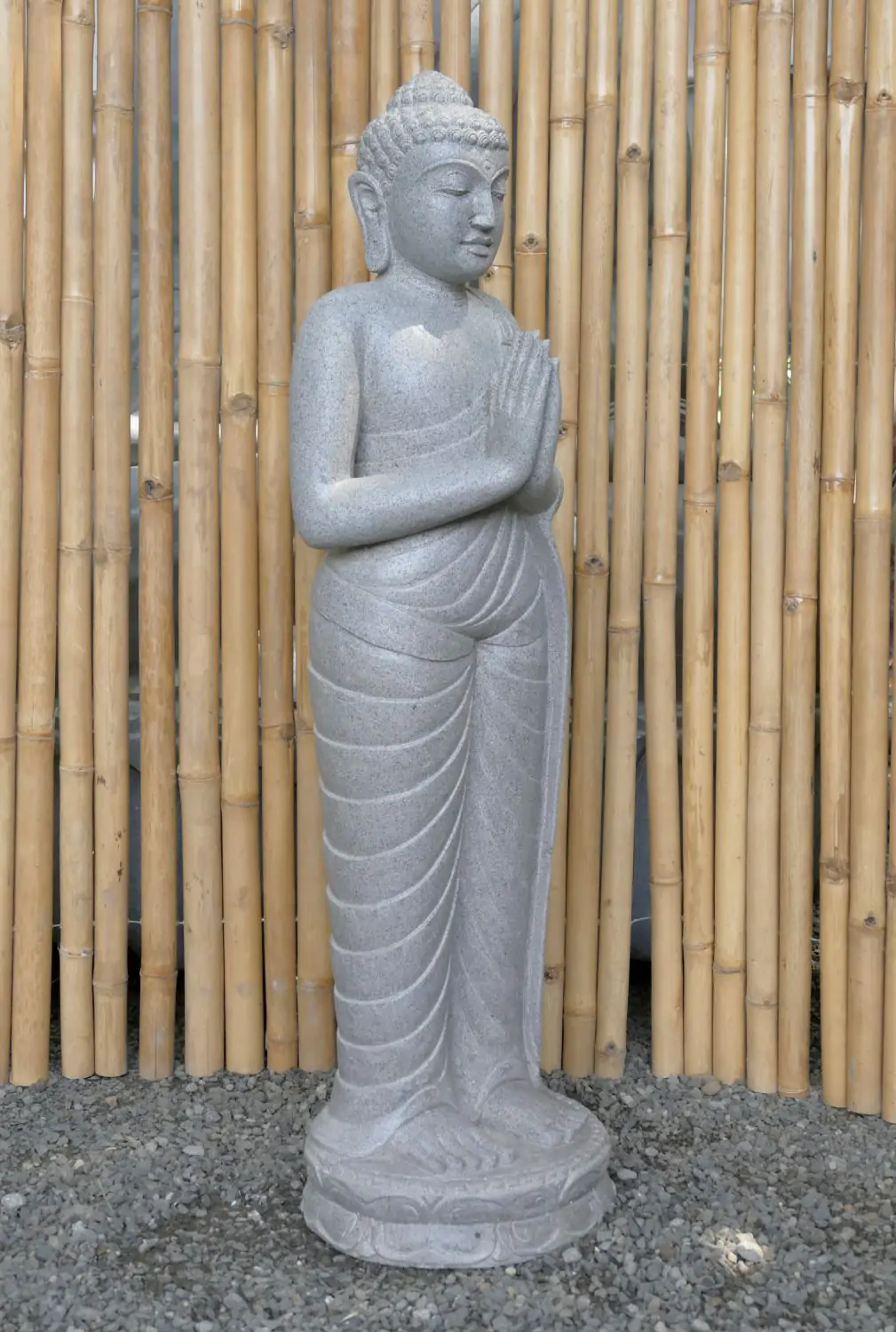  Product image 2 of the product “Standing Buddha made of Riverstone, position Namaskara , H. 120cm. ”